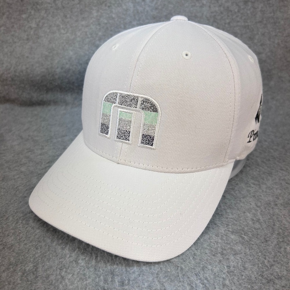 TravisMathew Textured M Logo Mens White Hat Pinnacle Golf Flexfit Cap S/M